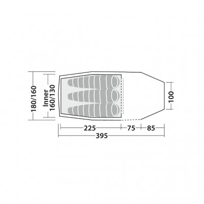 Floorplan Robens Voyager 3EX tent with sleeping cabin for 3 persons and large absid.