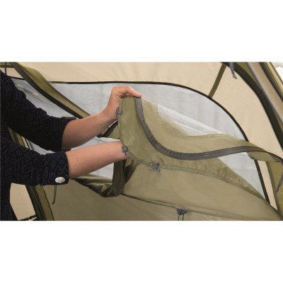 Three layers in the tent window. Curtain, window and mosquito net.