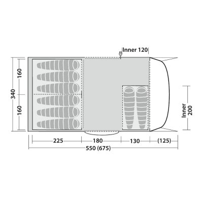Floorplan for Robens Eagle Rock TC 6 + 2XP camp tent.