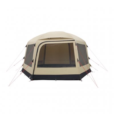 Robens Yurt with open curtains on the front window.
