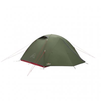 Three-person dome tent with two entrances and two vestibules.