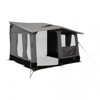 The front and side window panels of the awning can be removed on warm days.