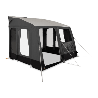 The front and side window panels of the awning can be removed on warm days.