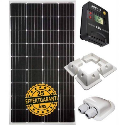 Kit with 15 amp MPPT controller, mounting accessories and a 160W solar panel