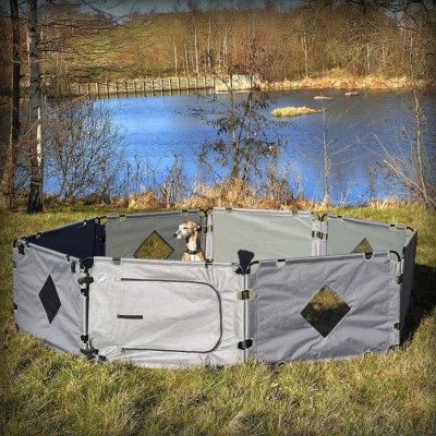 Dog enclosure for camping with tent, caravan or motorhome.