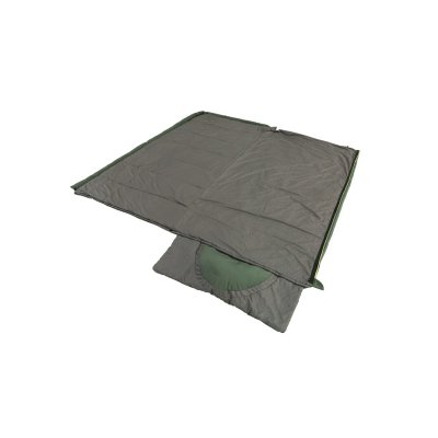 The sleeping bag is completely open with the pillow on the more insulated side.