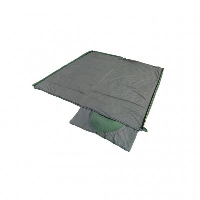 The sleeping bag is completely open with the pillow on the more insulated side.
