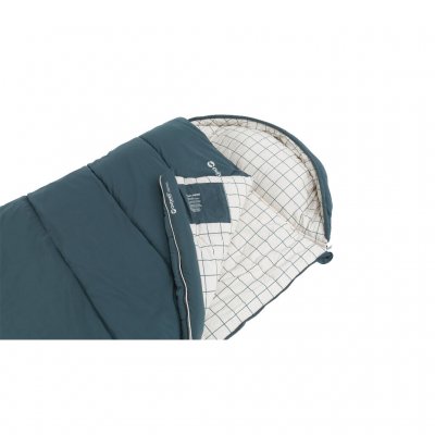 Folded edge at the sleeping bag's zipper and storage pocket for valuables.