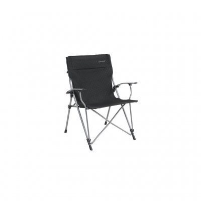 Extra-large foldable camping chair with metal armrests.
