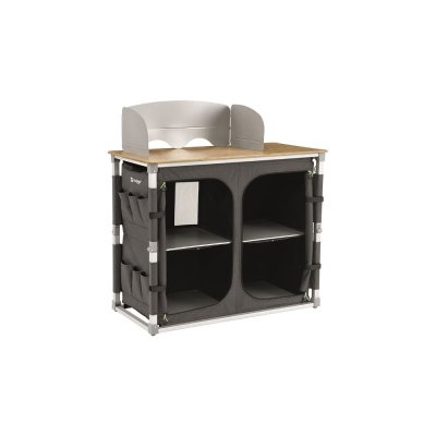 Outwell Padres XL Camping kitchen bench with sturdy wooden board and two cabinets.