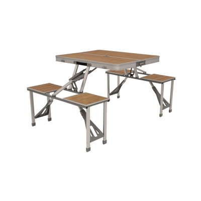 Folding picnic table with built-in chairs where slab and seats are made of wood. Perfect for that kind of camping and outdoor ac