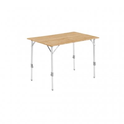 Folding camping table with wooden board and adjustable legs and feet.