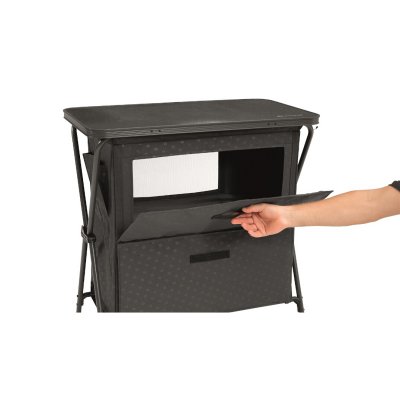 Camping cabinet with fixed doors with handle and magnetic lock.