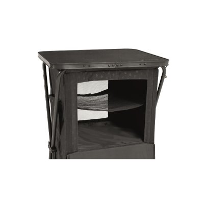 Two solid shelves and a net shelf.