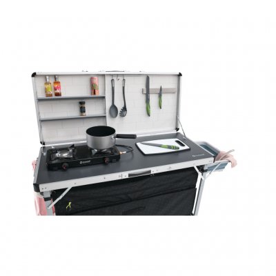 On the other short side there are storage options for household paper and kitchen utensils