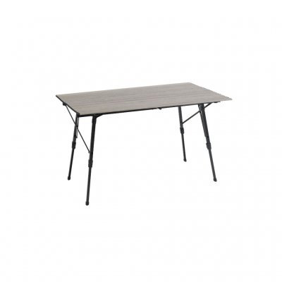 Folding camping table with aluminum tabletop and adjustable legs.