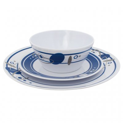 Tableware in 16 parts in durable melamine that is dishwasher safe.