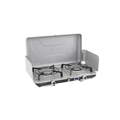 The lid and side panels fold up to create a windscreen for the stove