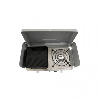 Removable pot supports made of enamel-coated steel, as well as a grill plate with the dimensions 25.5 x 26.5 x 5.5 cm, are inclu