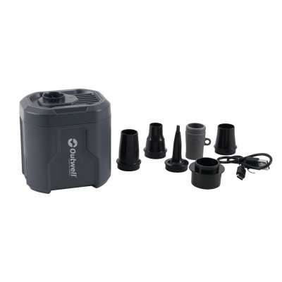 Outwell Mistral Rechargeable Pump Comes with 6 nozzles (including FHF valve) and a USB-C charging cable.