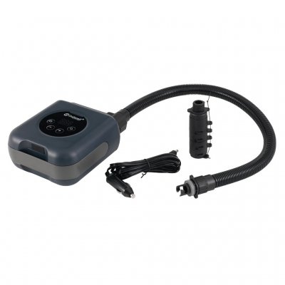 Pump, 7 valve adapters, Outwell FHF pump adapter, carry bag, USB-C and 12V charging cables