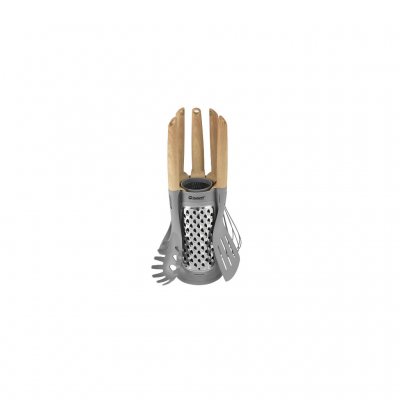 Pasta spoon, whisk, spatula, serving spoon, ladle, and grater from Outwell.