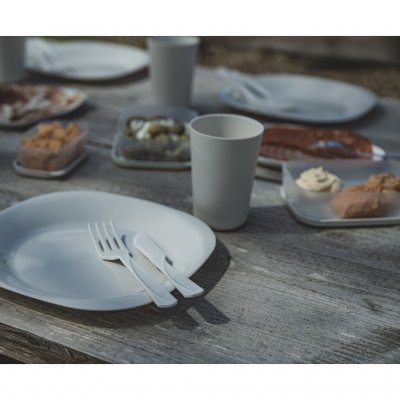 The tableware is made of plastic and is dishwasher safe.