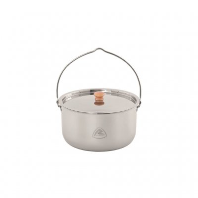 Stainless steel pot for cooking over open fire.