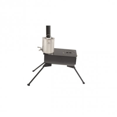 The water heater attaches around the stove pipe of the tent stove.