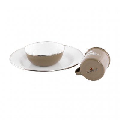 Meal set for one person, including an enamel plate, bowl and mug.