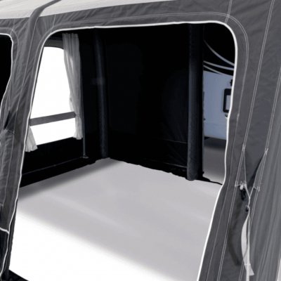 The window panel at the front of the awning can be removed on hot days.