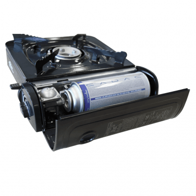 Gas bottle for stoves and grills with cassette.