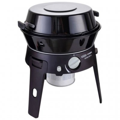 The camping grill with the lid on.