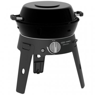The camping grill with the lid on.