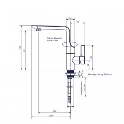 Dimension drawing for Comet Modena single-lever mixer tap