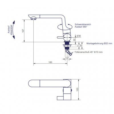 Dimensions of the Comet Arona tap faucet for caravan and motorhome.