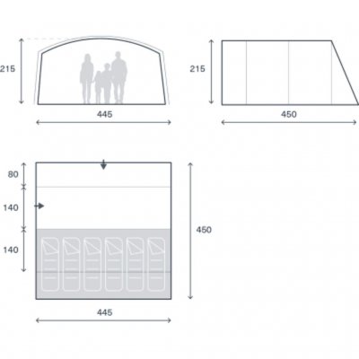 Floor plan for the family tent Kampa Dawlish 06. Features two bedrooms, each accommodating 3 people.