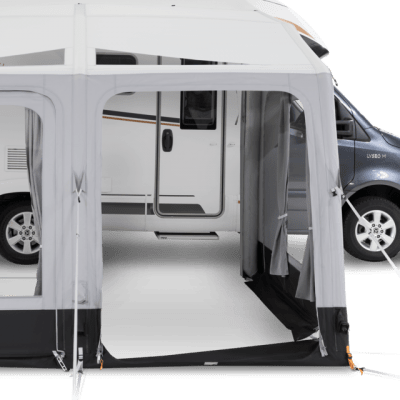 The front and side panels can be removed to reduce weight and open up the awning
