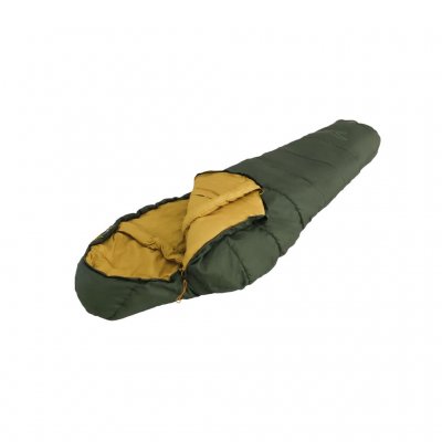 The sleeping bag has insulation around the neck and a soft lining, providing warmth and comfort.