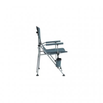 Comfortable camping chair with padded armrests and cup holder.