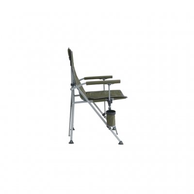 Comfortable camping chair with padded armrests and cup holder.