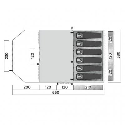 Floor plan for the family tent Easy Camp Sola 6. Two living areas and three bedrooms.