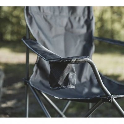 The sturdy steel frame provides stability, while wide armrests and a cup holder offer extra comfort.