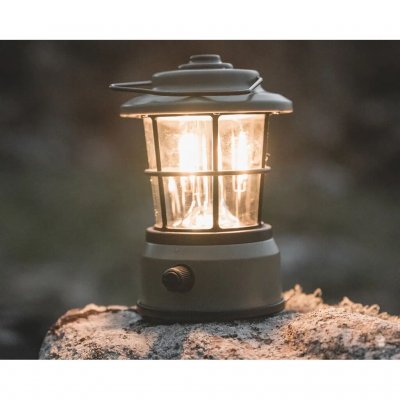 Rechargeable camping lantern with dimmable light. Perfect for overnight stays in a tent.