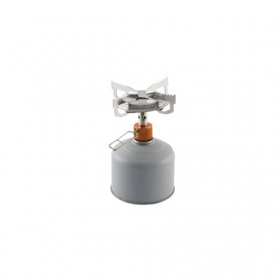 The burner attaches directly to the gas cartridge, making the cartridge the base of the stove.