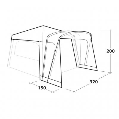 The tarp can be attached to the front of the tent to create a protected surface in front of the tent.