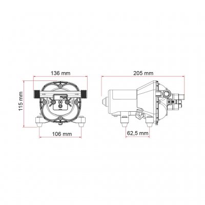 Dimensions for Fiamma pressure water pump. Sketch 1
