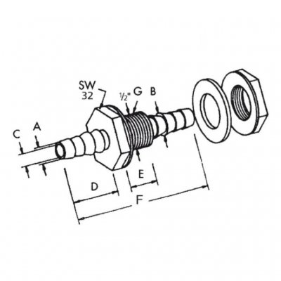 Dimension drawing for hose fitting for fresh water tank
