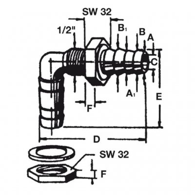 Dimension drawing for angled hose fitting for fresh water tank