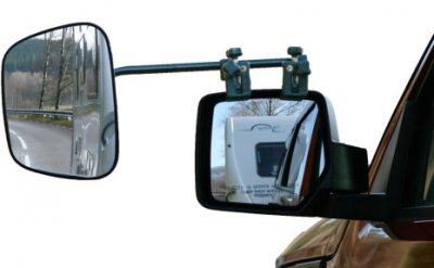Extra large rear view mirror for caravans. Long arm also fits wider carriages.